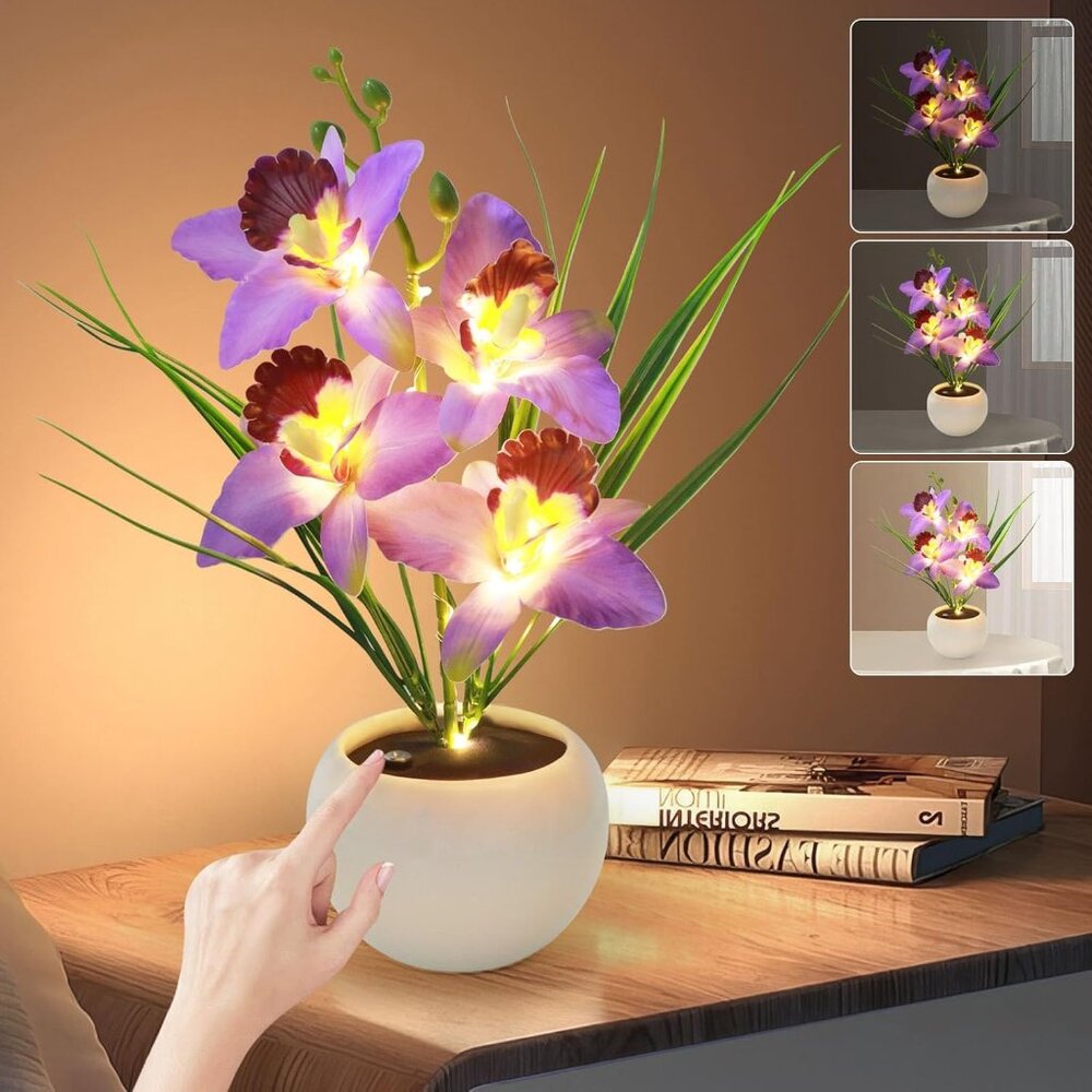 Purple Artificial Stepless Flower USB LED Rechargeable Vase Lamp Home Decor